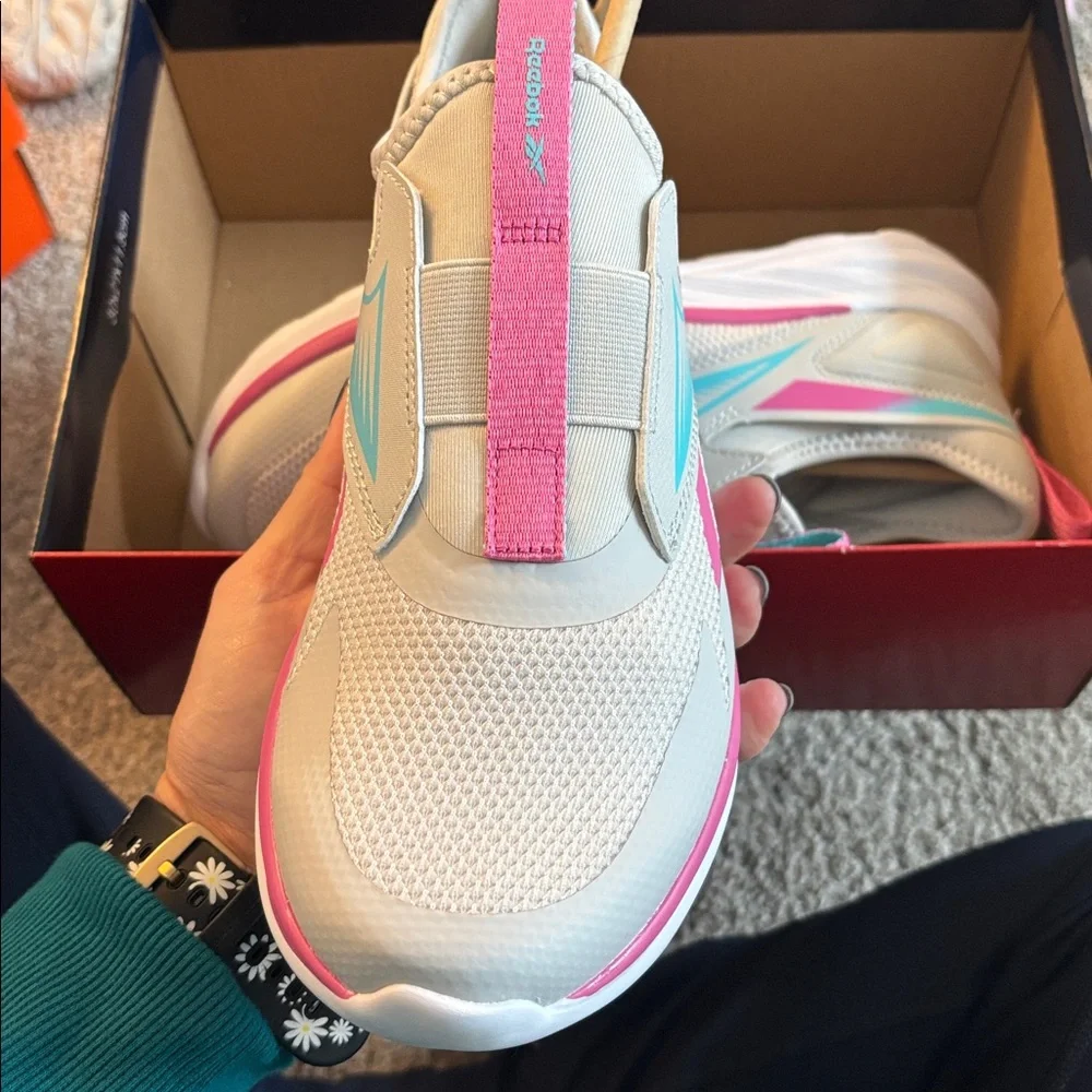 NEW reebok slip on lite spinner grey pink and aqua